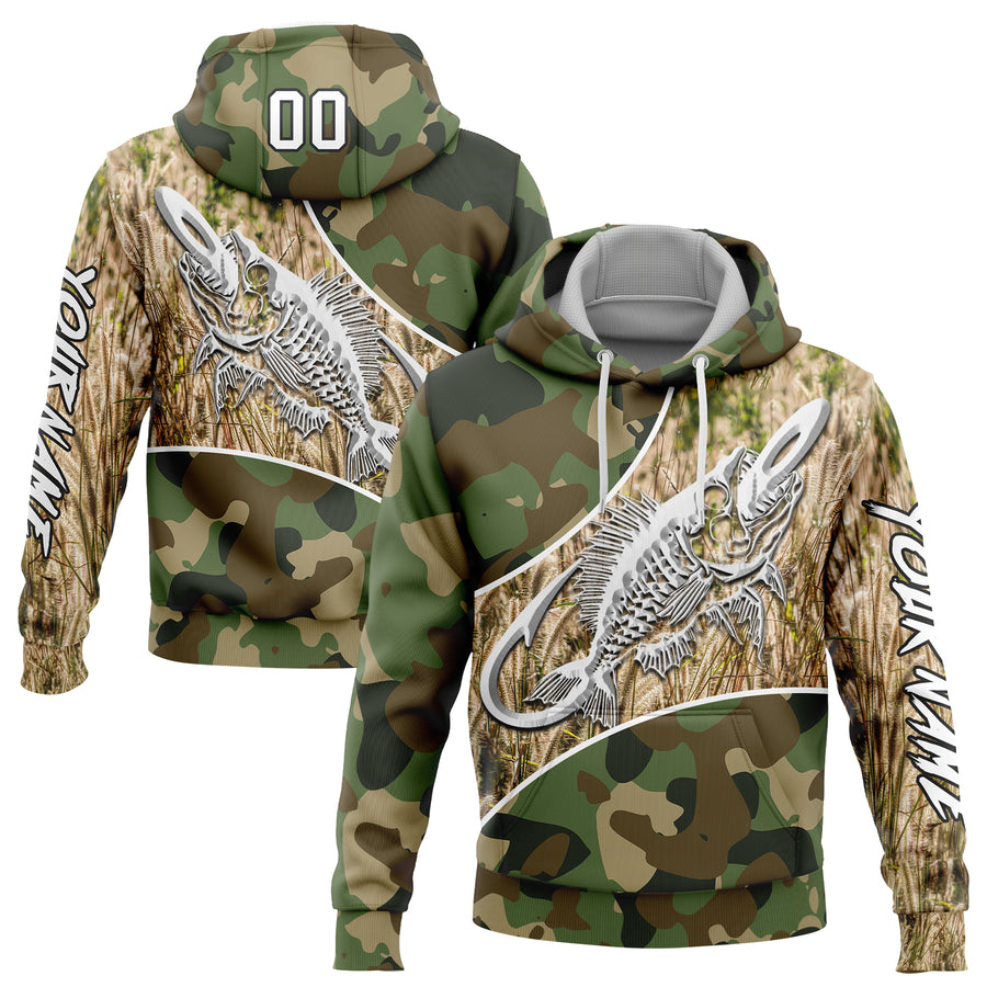 Custom Camo White-Black 3D Fish Hook Skull Fishing Sports Pullover Sweatshirt Salute To Service Hoodie