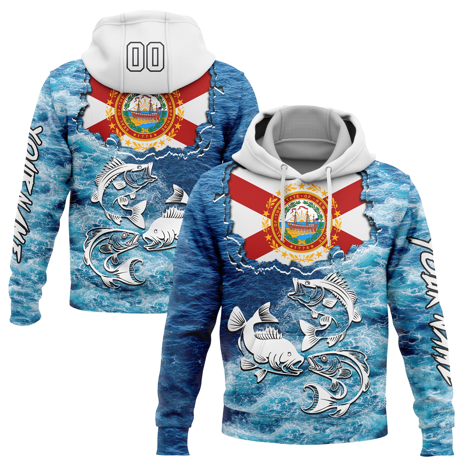 Custom Lakes Blue White Black 3D New Hampshire Flag And Largemouth Bass Carp Fish Fishing Sports Pullover Sweatshirt Hoodie