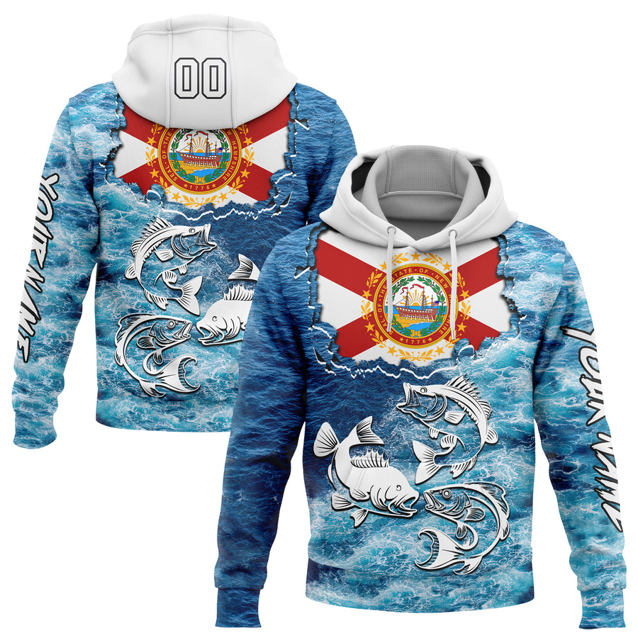 Custom Lakes Blue White Black 3D New Hampshire Flag And Largemouth Bass Carp Fish Fishing Sports Pullover Sweatshirt Hoodie