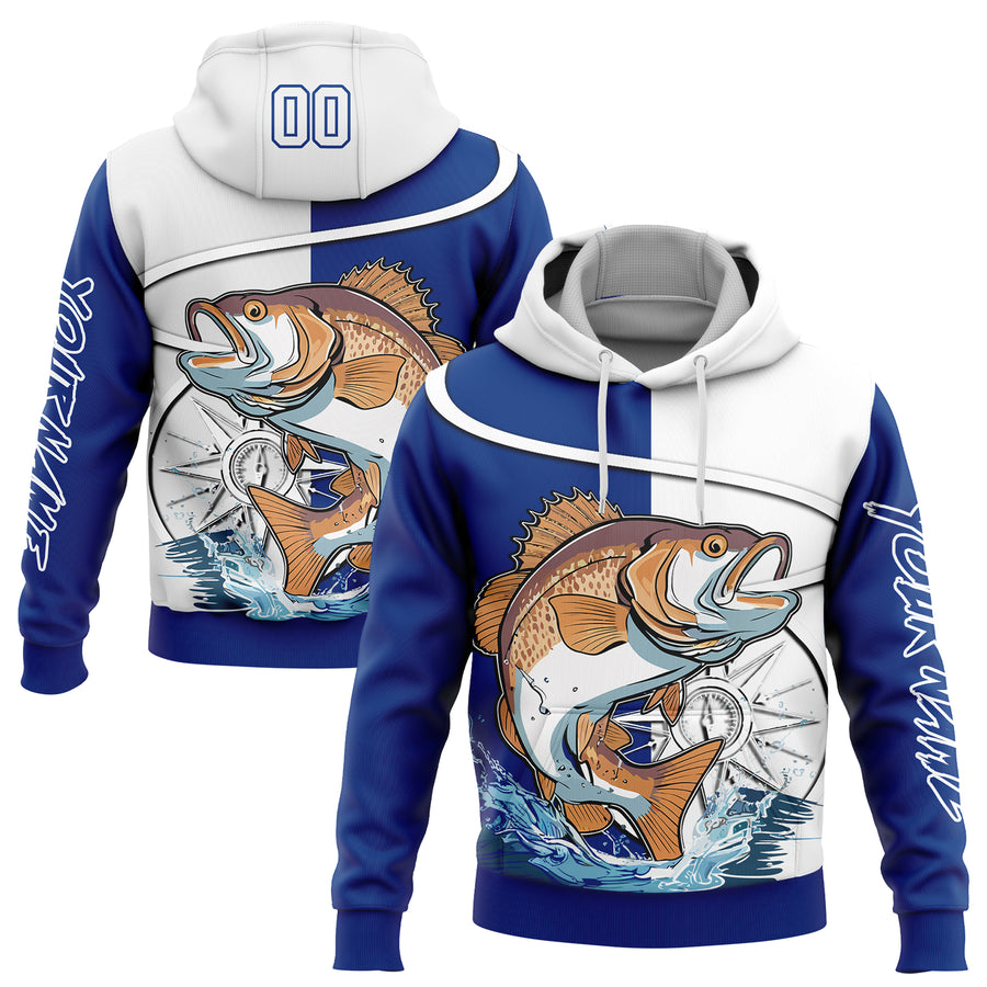 Custom Thunder Blue White 3D Largemouth Bass Fish Fishing Sports Pullover Sweatshirt Hoodie