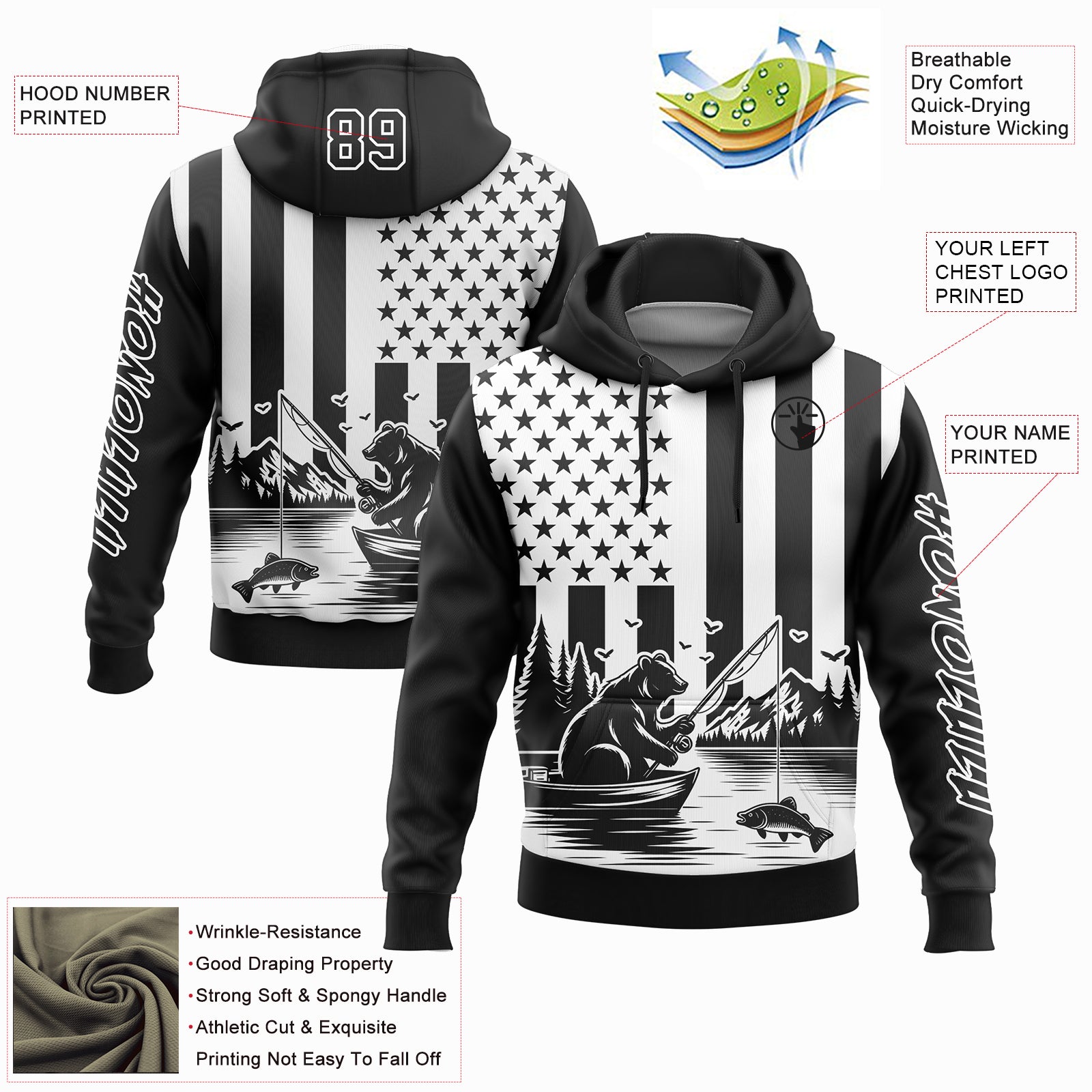 Custom Black White 3D American Flag And Fish Fishing Sports Pullover Sweatshirt Hoodie