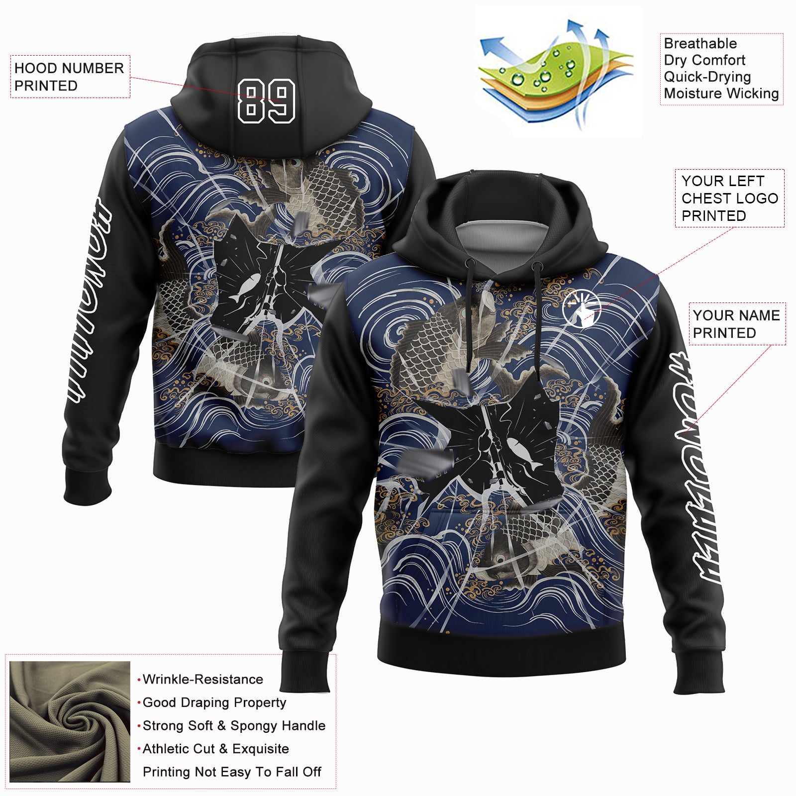 Custom Black White 3D Carp Fish Fishing Sports Pullover Sweatshirt Hoodie
