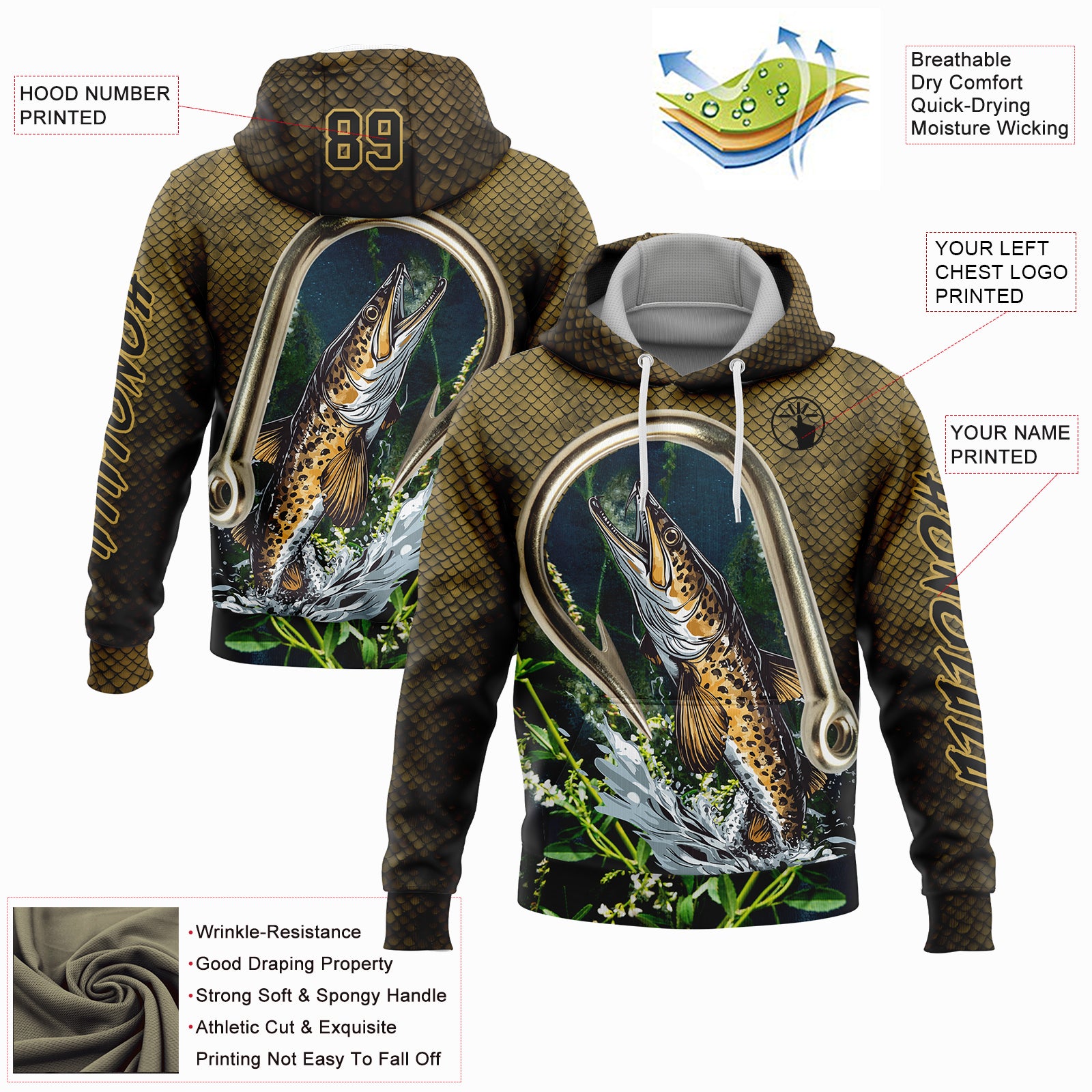Custom Old Gold Black 3D Walleye Fish Fishing Sports Pullover Sweatshirt Hoodie