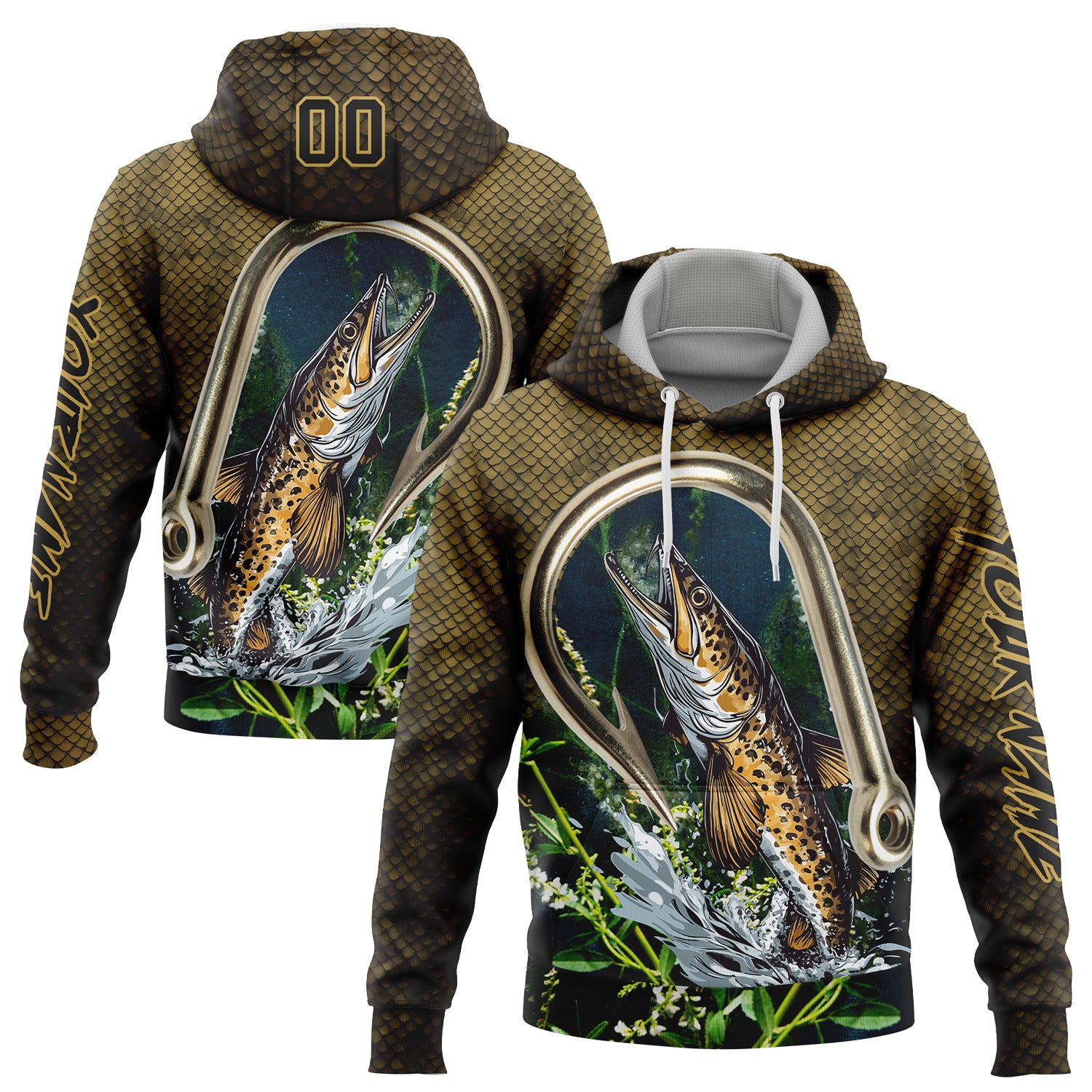 Custom Old Gold Black 3D Walleye Fish Fishing Sports Pullover Sweatshirt Hoodie