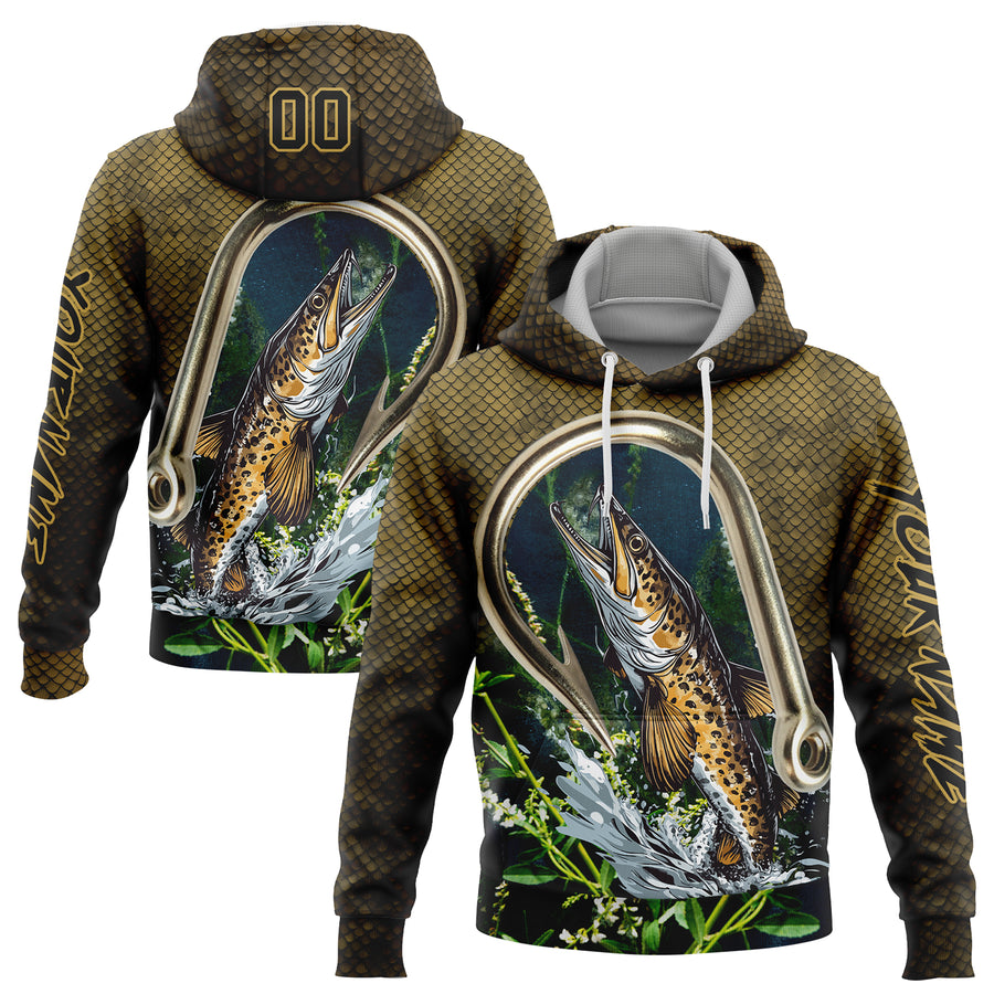 Custom Old Gold Black 3D Walleye Fish Fishing Sports Pullover Sweatshirt Hoodie