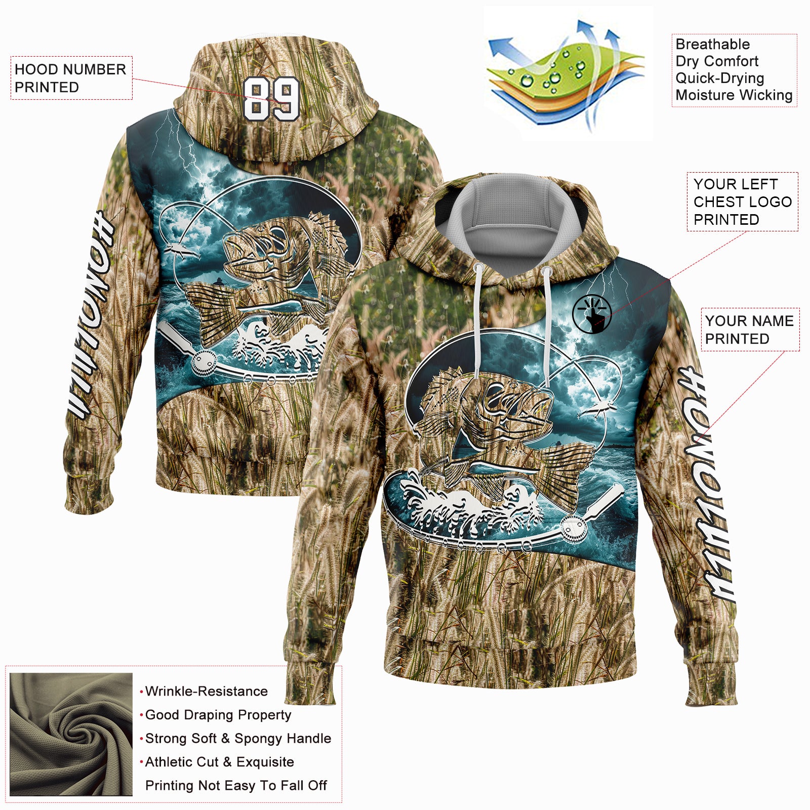 Custom City Cream White-Black 3D Smallmouth Bass Fish Fishing Sports Pullover Sweatshirt Hoodie