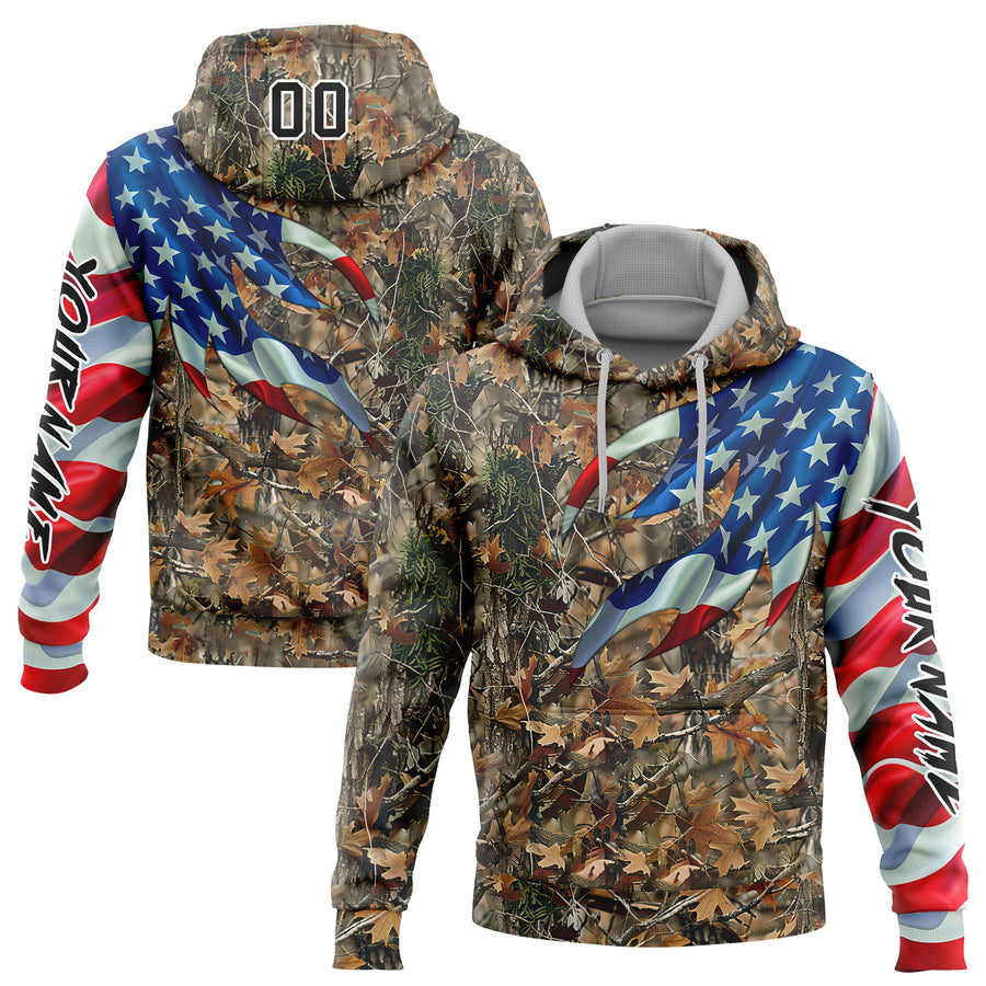 Custom Camo Black-White 3D American Flag Hunting Sports Pullover Sweatshirt Hoodie