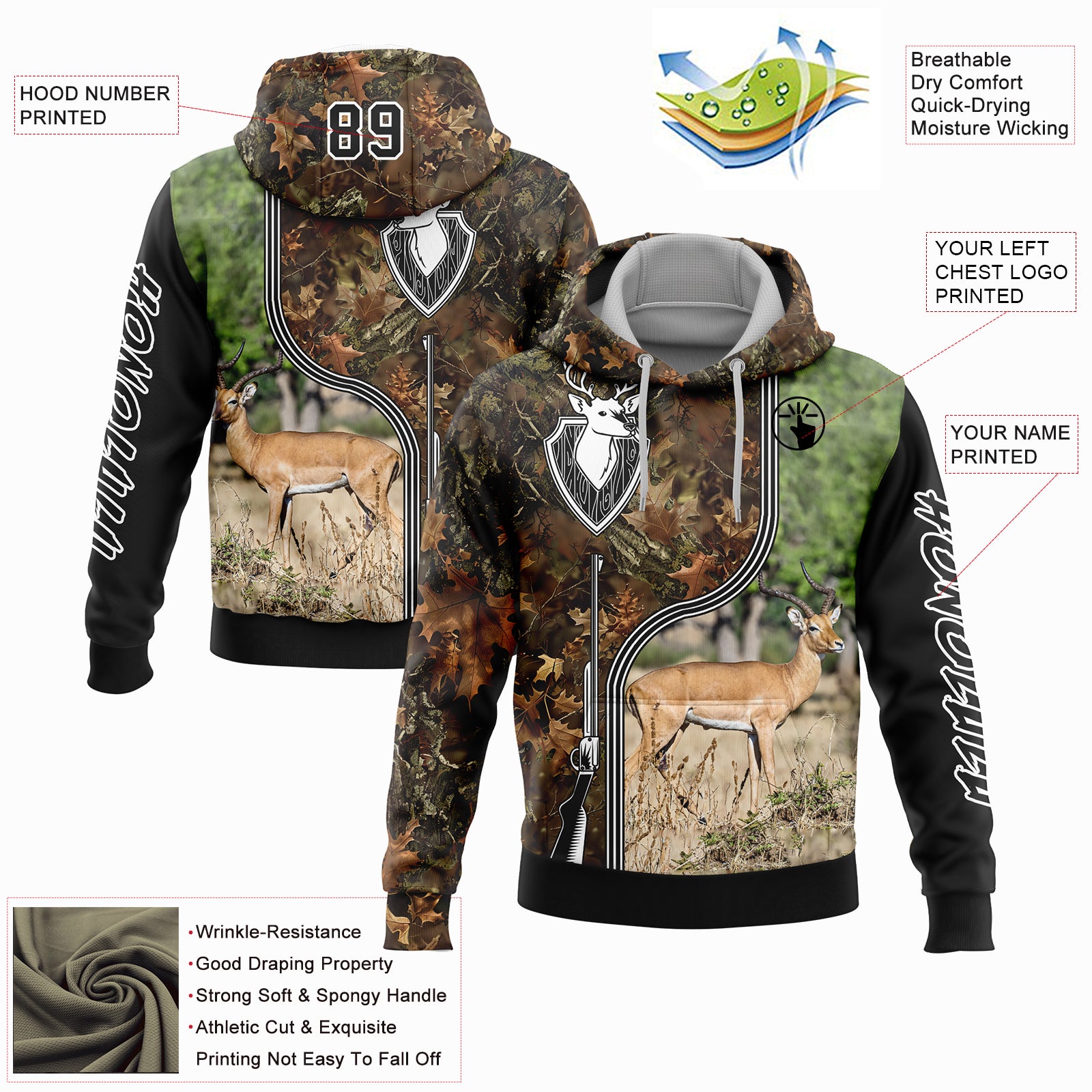 Custom Camo Black-White 3D Deer And Impala Gun Hunting Sports Pullover Sweatshirt Hoodie