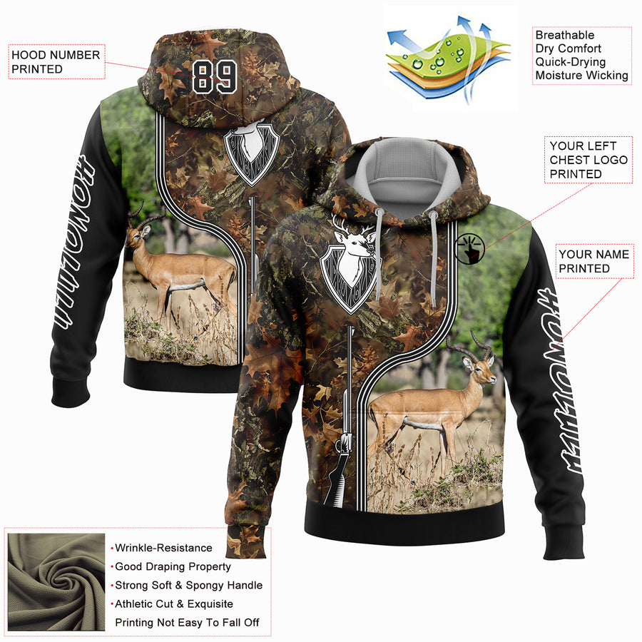 Custom Camo Black-White 3D Deer And Impala Gun Hunting Sports Pullover Sweatshirt Hoodie