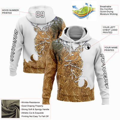 Custom White Black-Old Gold 3D Deer Hunting Sports Pullover Sweatshirt Hoodie