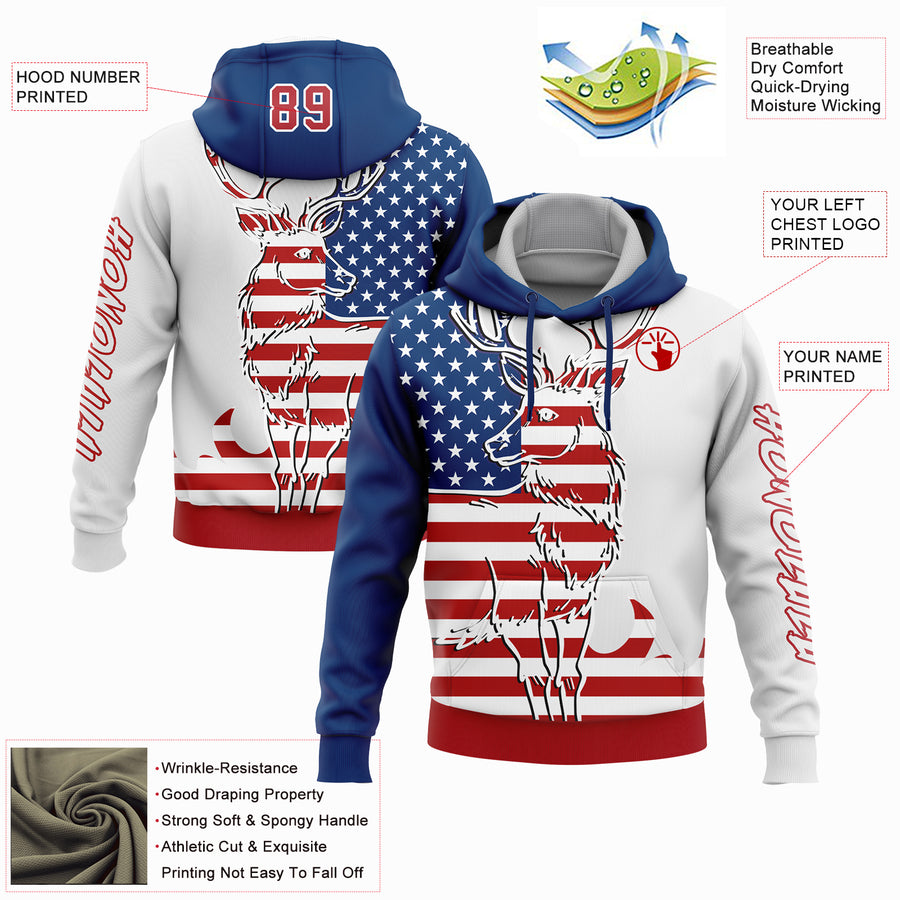 Custom White Red-US Navy Blue 3D American Flag And Deer Hunting Sports Pullover Sweatshirt Hoodie