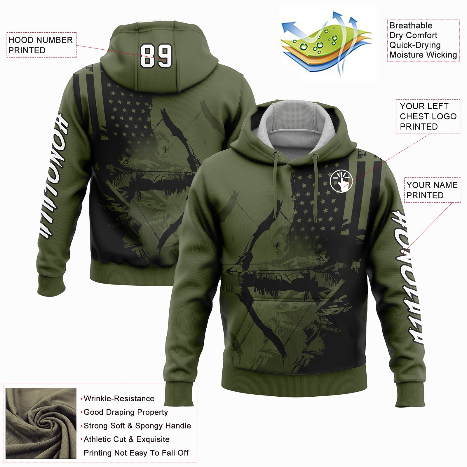 Custom Olive White-Black 3D American Flag And Bow Hunter Hunting Sports Pullover Sweatshirt Hoodie