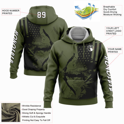 Custom Olive White-Black 3D American Flag And Bow Hunter Hunting Sports Pullover Sweatshirt Hoodie