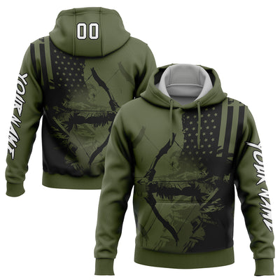 Custom Olive White-Black 3D American Flag And Bow Hunter Hunting Sports Pullover Sweatshirt Hoodie