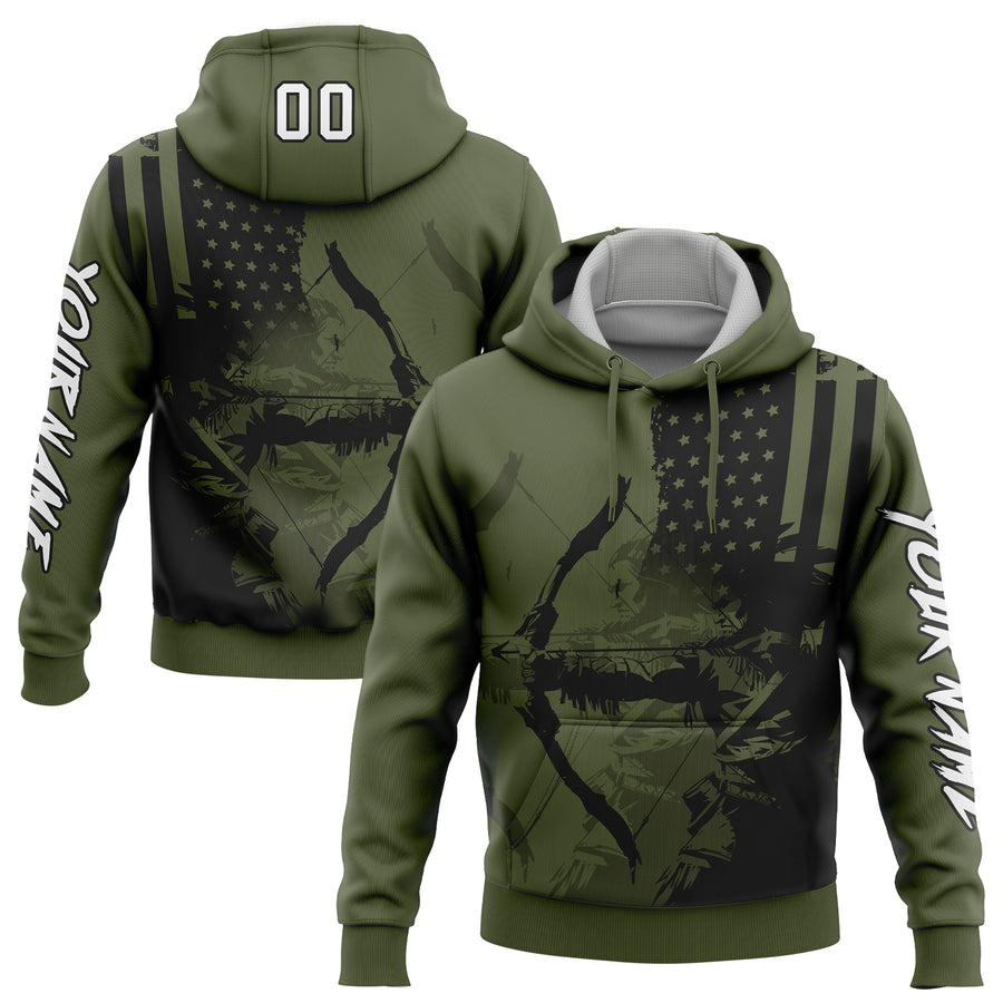 Custom Olive White-Black 3D American Flag And Bow Hunter Hunting Sports Pullover Sweatshirt Hoodie