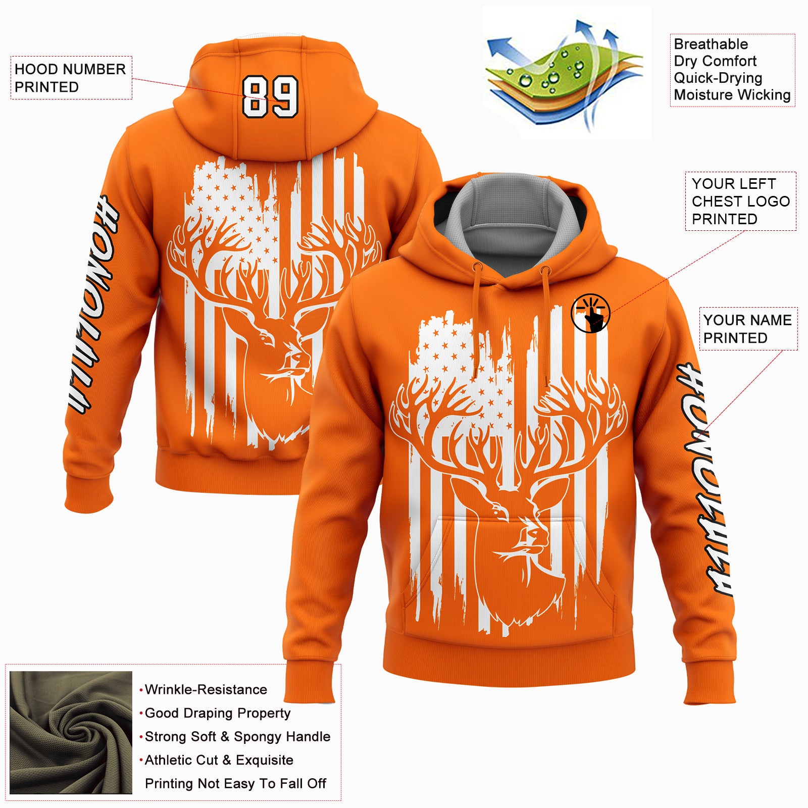 Custom Bay Orange White-Black 3D American Flag And Deer Hunting Sports Pullover Sweatshirt Hoodie