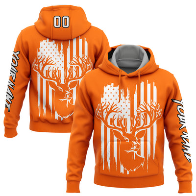 Custom Bay Orange White-Black 3D American Flag And Deer Hunting Sports Pullover Sweatshirt Hoodie