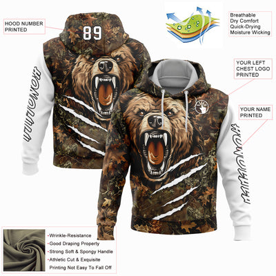 Custom Camo Black-White 3D Bear Hunting Sports Pullover Sweatshirt Hoodie