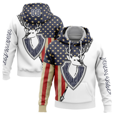 Custom White Navy 3D American Flag And Deer Hunting Sports Pullover Sweatshirt Hoodie
