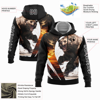 Custom Black White 3D Bear Hunting Sports Pullover Sweatshirt Hoodie