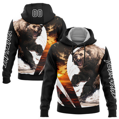 Custom Black White 3D Bear Hunting Sports Pullover Sweatshirt Hoodie
