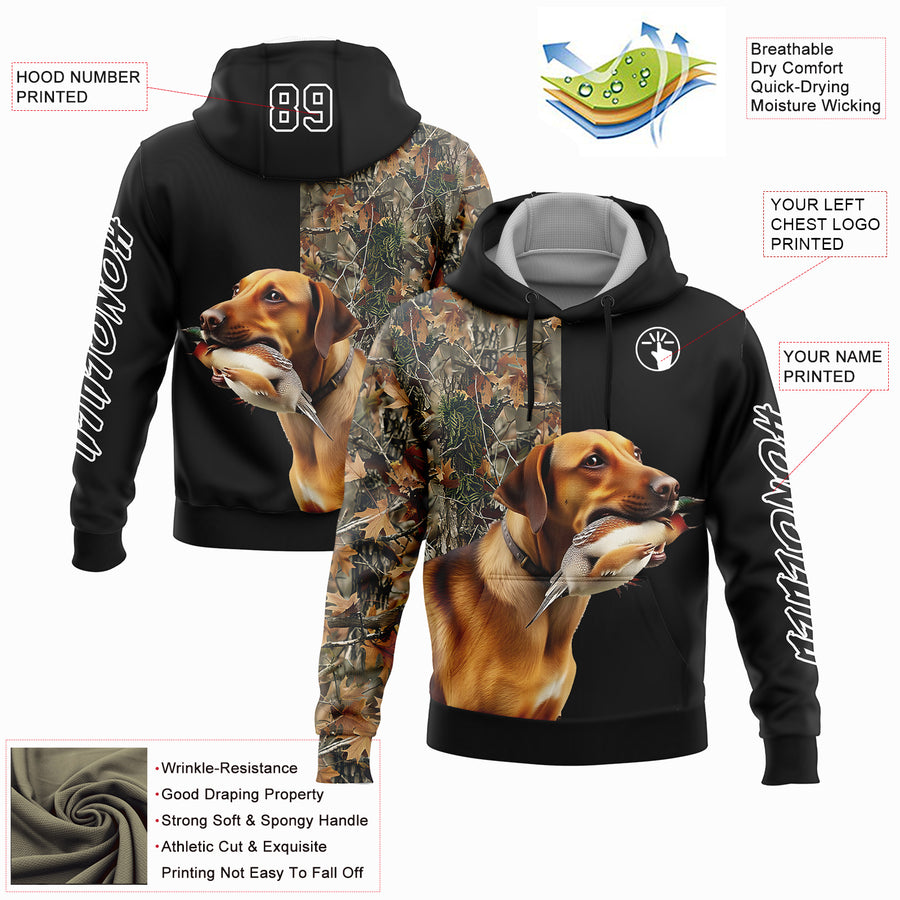 Custom Black White 3D Pheasant Hunting With Dog Sports Pullover Sweatshirt Hoodie