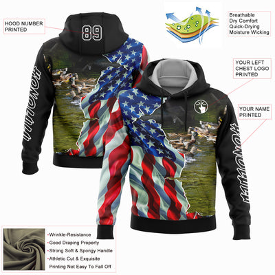 Custom Black White 3D American Flag And Duck Hunting Sports Pullover Sweatshirt Hoodie