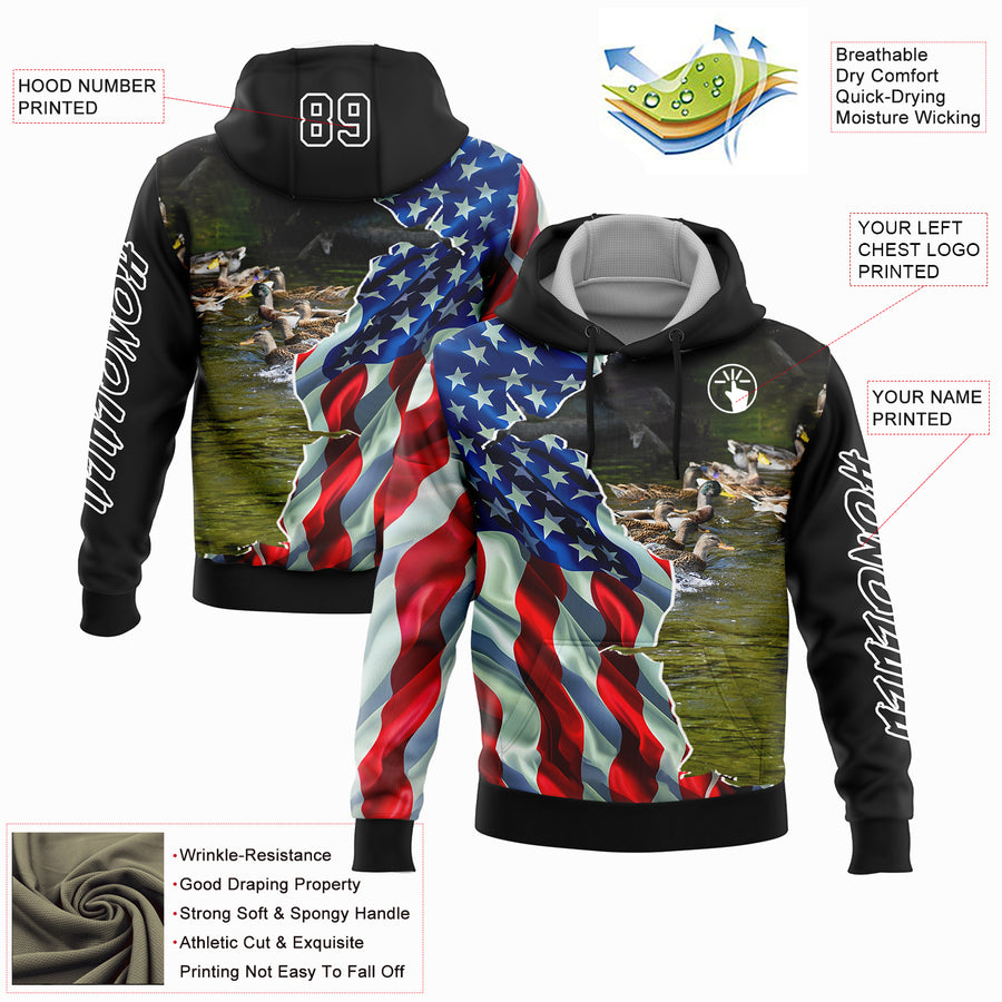 Custom Black White 3D American Flag And Duck Hunting Sports Pullover Sweatshirt Hoodie