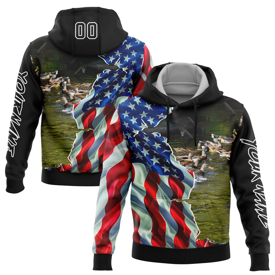 Custom Black White 3D American Flag And Duck Hunting Sports Pullover Sweatshirt Hoodie
