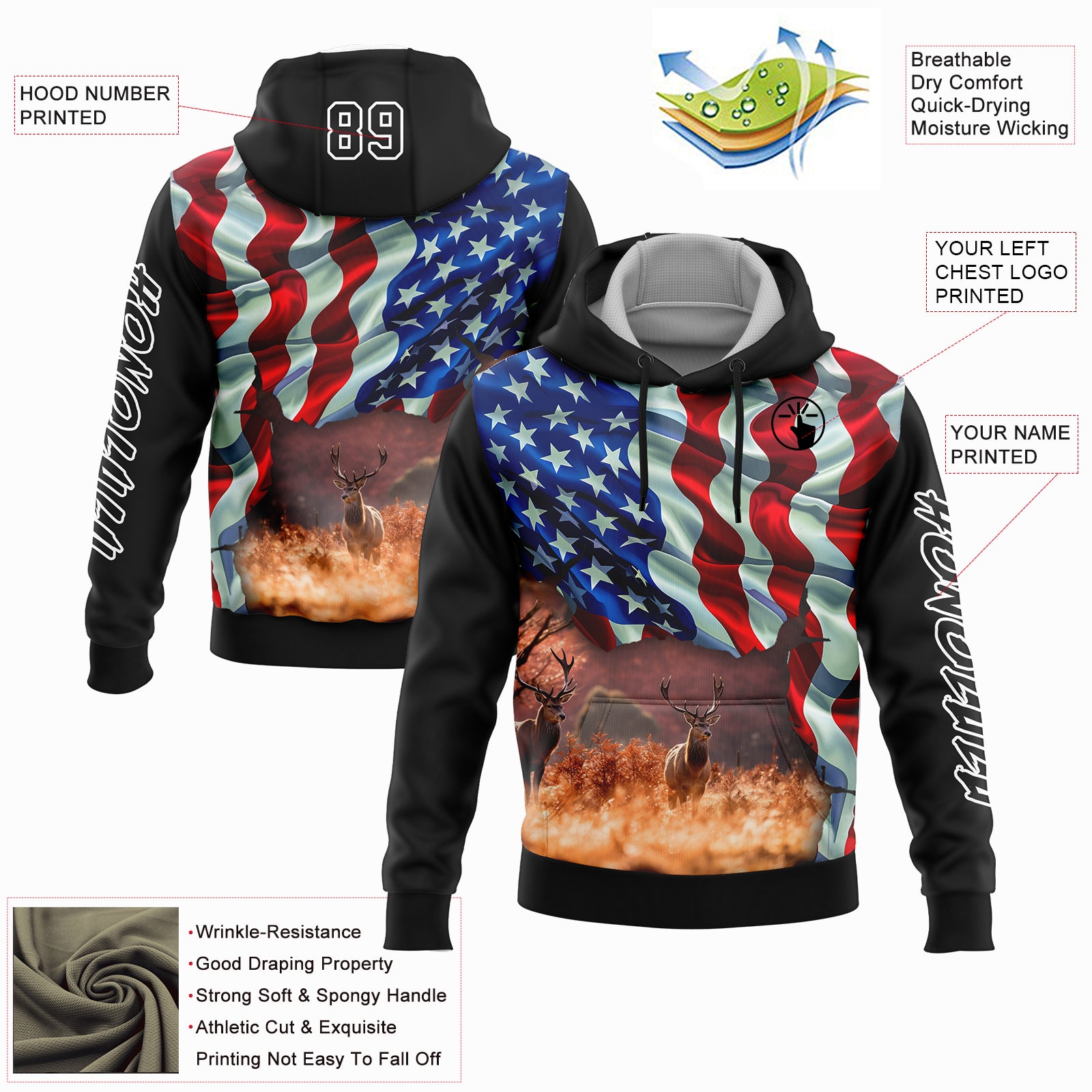 Custom Black White 3D American Flag And Deer Hunting Sports Pullover Sweatshirt Hoodie