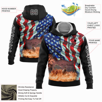 Custom Black White 3D American Flag And Deer Hunting Sports Pullover Sweatshirt Hoodie
