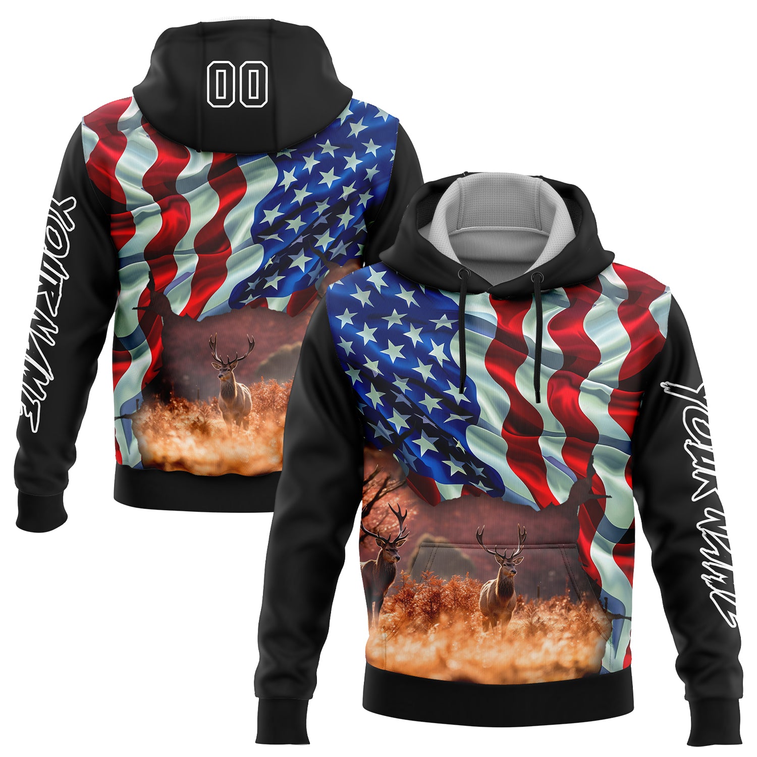Custom Black White 3D American Flag And Deer Hunting Sports Pullover Sweatshirt Hoodie
