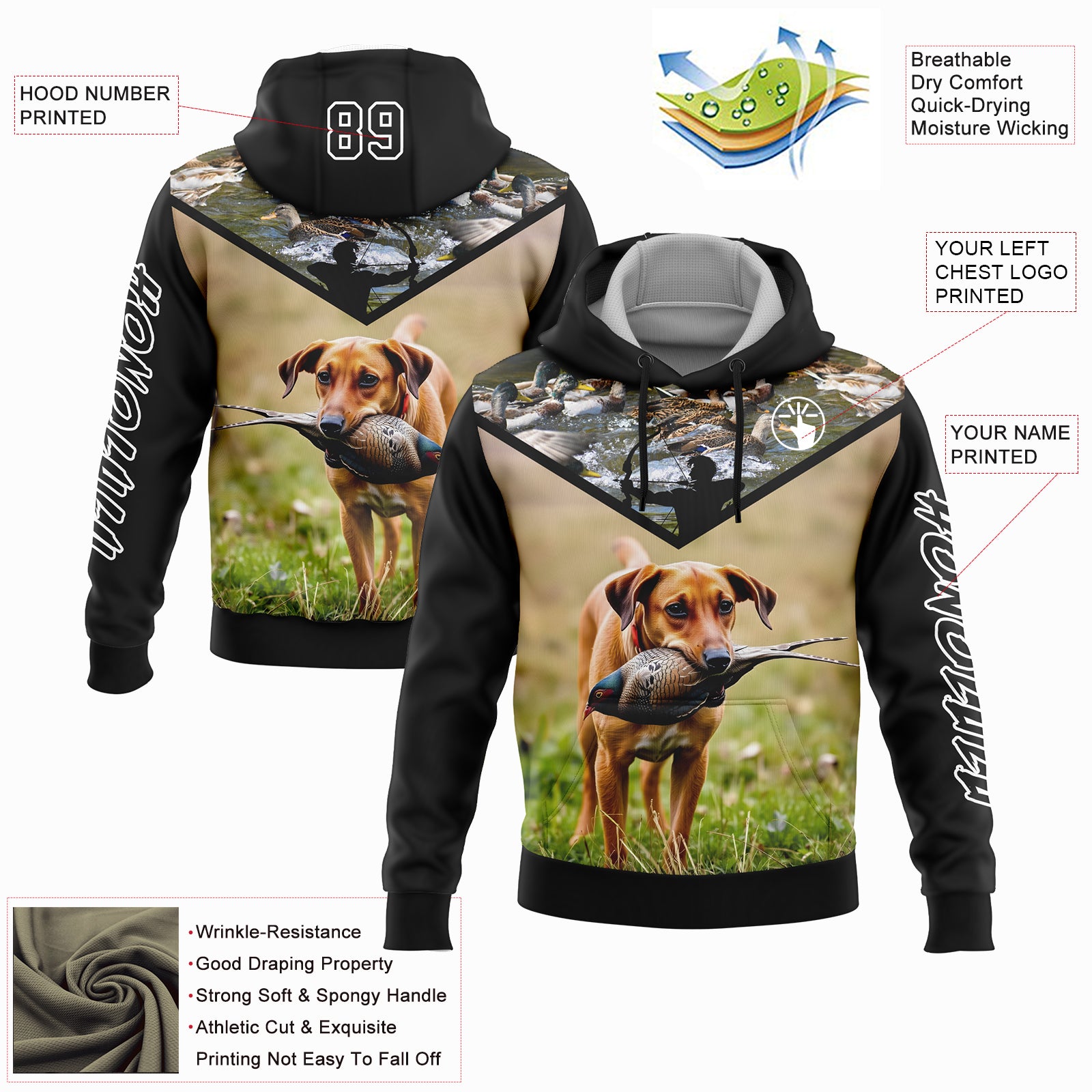 Custom Black White 3D Bow Hunter And Pheasant Hunting With Dog Sports Pullover Sweatshirt Hoodie