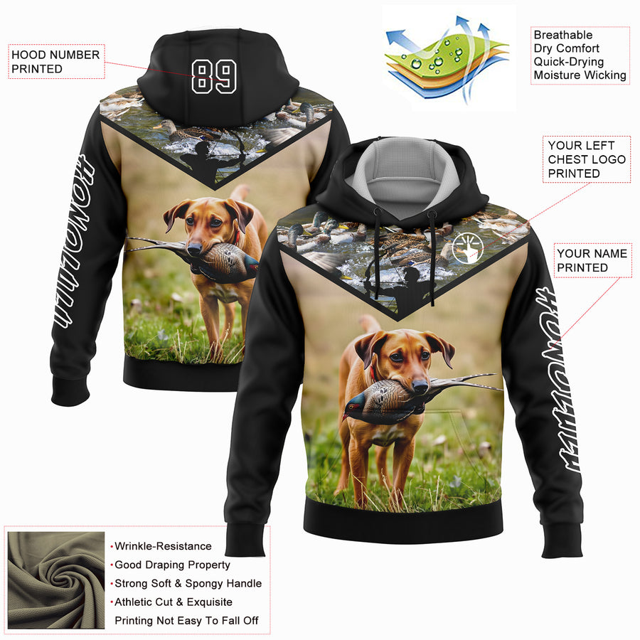 Custom Black White 3D Bow Hunter And Pheasant Hunting With Dog Sports Pullover Sweatshirt Hoodie