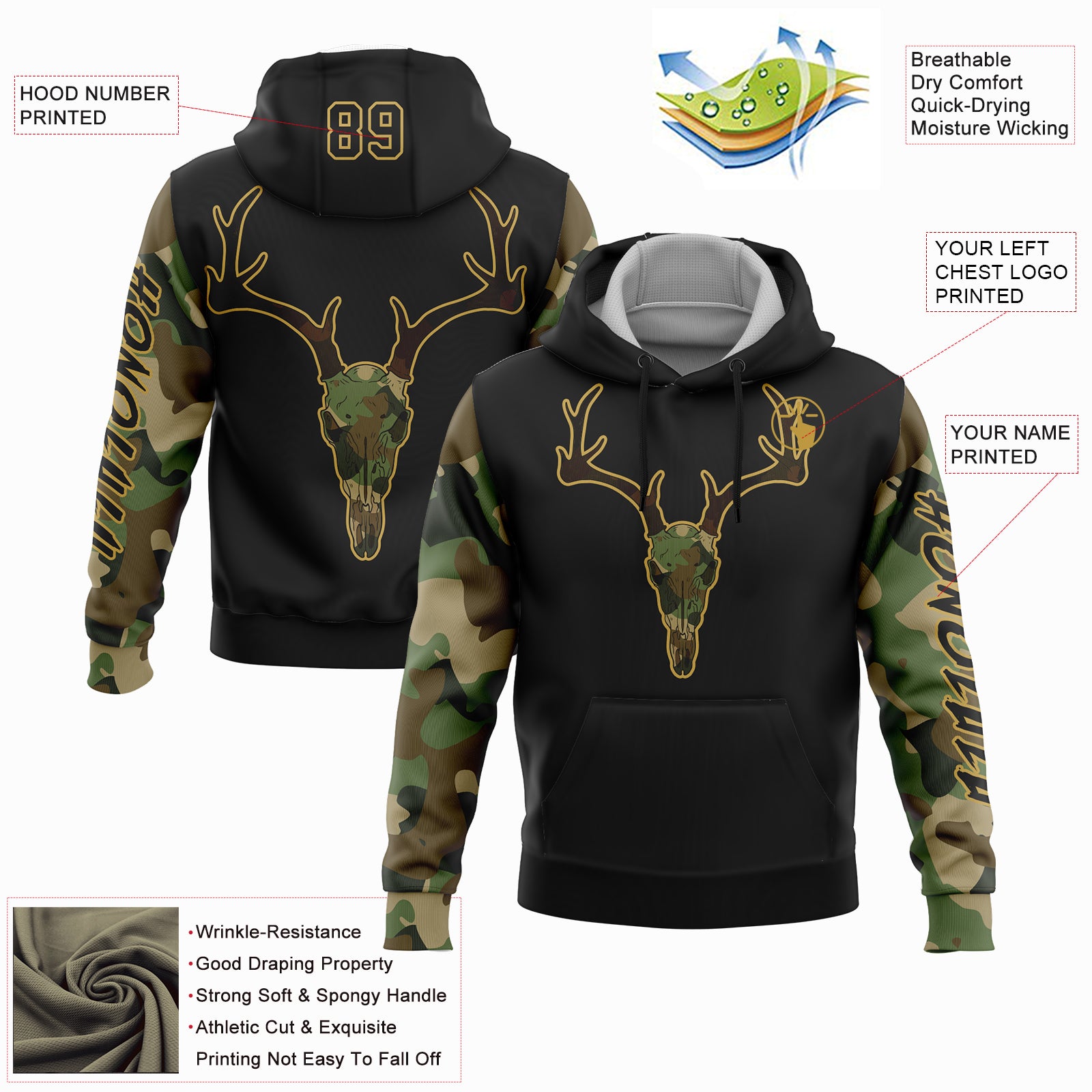 Custom Black Cmao-Old Gold 3D Deer Hunting Sports Pullover Sweatshirt Hoodie