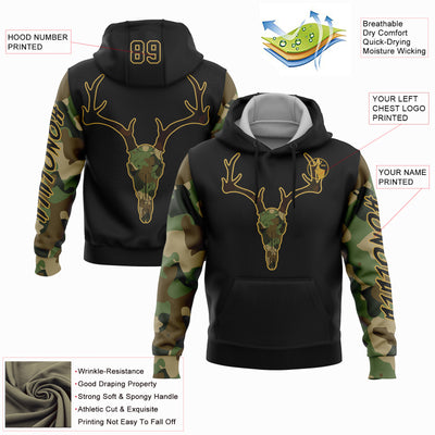 Custom Black Cmao-Old Gold 3D Deer Hunting Sports Pullover Sweatshirt Hoodie