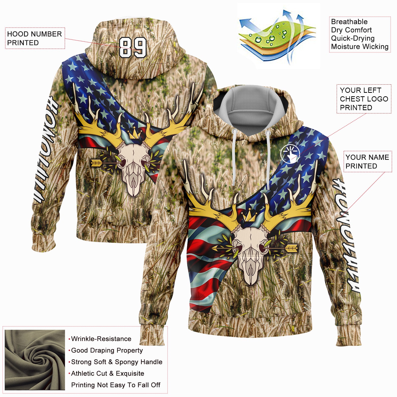 Custom City Cream White-Black 3D American Flag And Deer Skull Hunting Sports Pullover Sweatshirt Hoodie