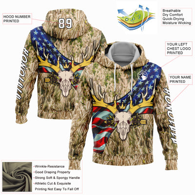 Custom City Cream White-Black 3D American Flag And Deer Skull Hunting Sports Pullover Sweatshirt Hoodie
