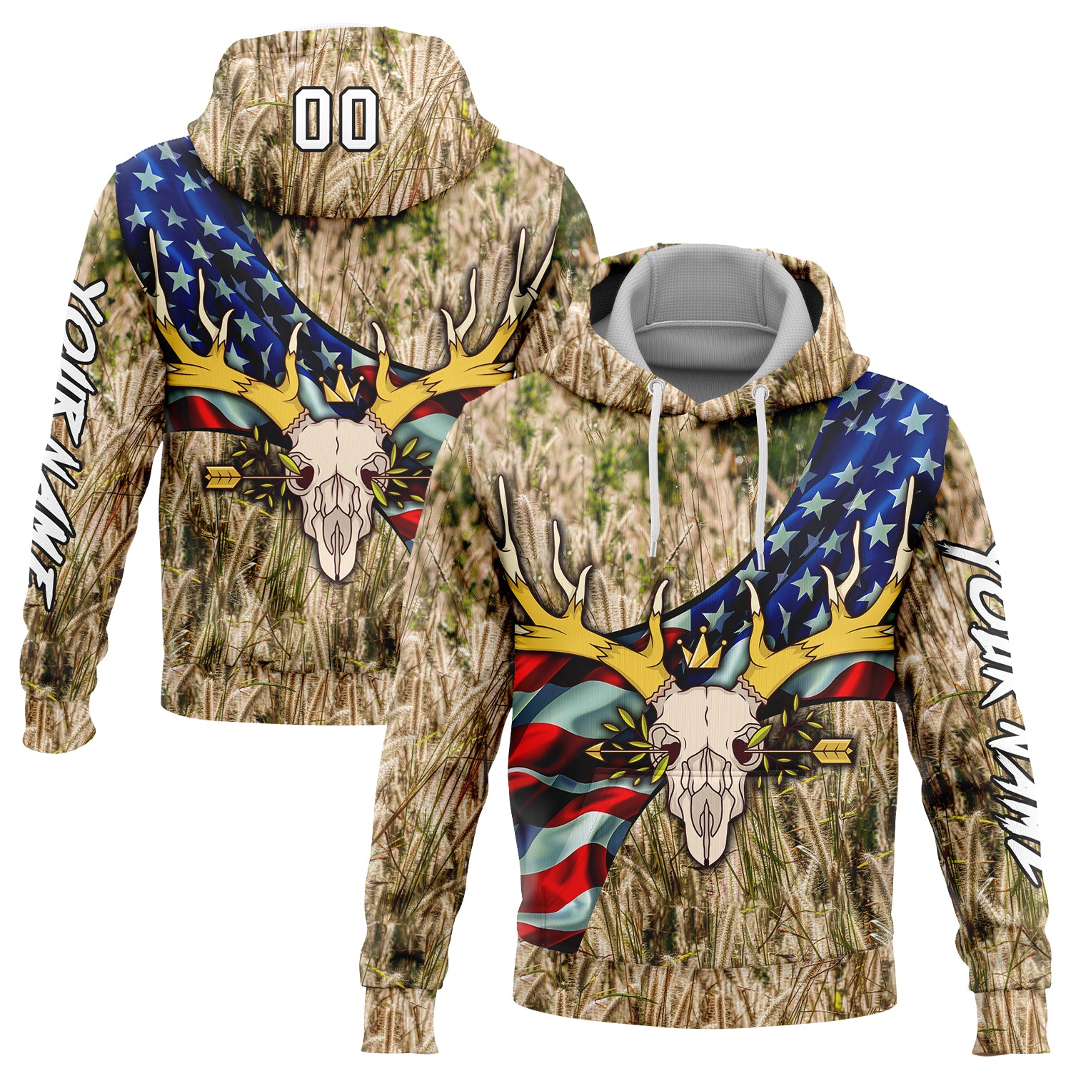 Custom City Cream White-Black 3D American Flag And Deer Skull Hunting Sports Pullover Sweatshirt Hoodie