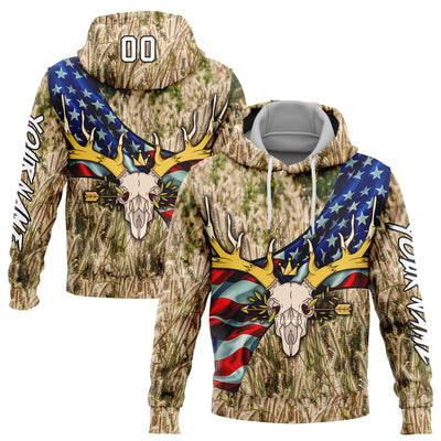 Custom City Cream White-Black 3D American Flag And Deer Skull Hunting Sports Pullover Sweatshirt Hoodie
