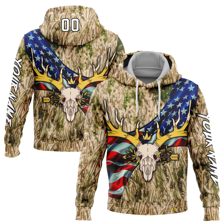 Custom City Cream White-Black 3D American Flag And Deer Skull Hunting Sports Pullover Sweatshirt Hoodie