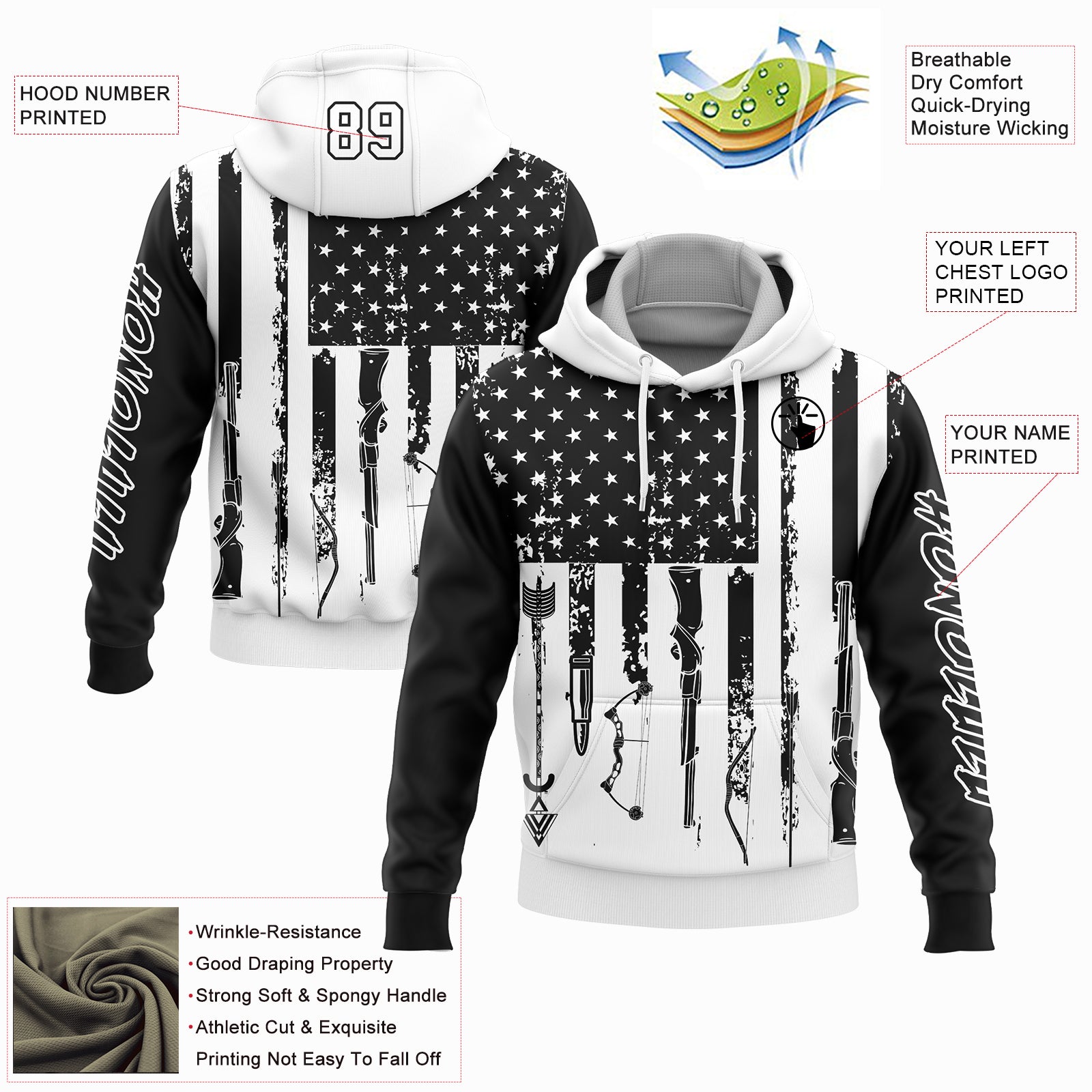 Custom Black White 3D American Flag And Hunting Tools Sports Pullover Sweatshirt Hoodie