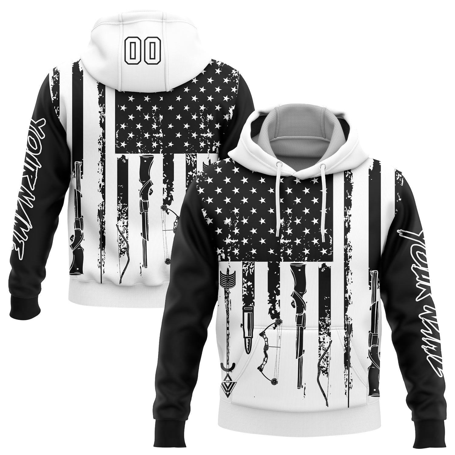 Custom Black White 3D American Flag And Hunting Tools Sports Pullover Sweatshirt Hoodie