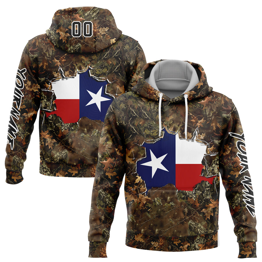Custom Camo Black-White 3D Texas Flag And Hunting Sports Pullover Sweatshirt Hoodie