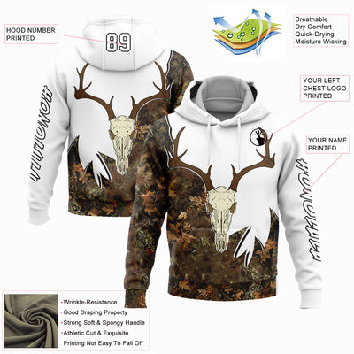 Custom White Black-Camo 3D Deer Skull Hunting Sports Pullover Sweatshirt Hoodie