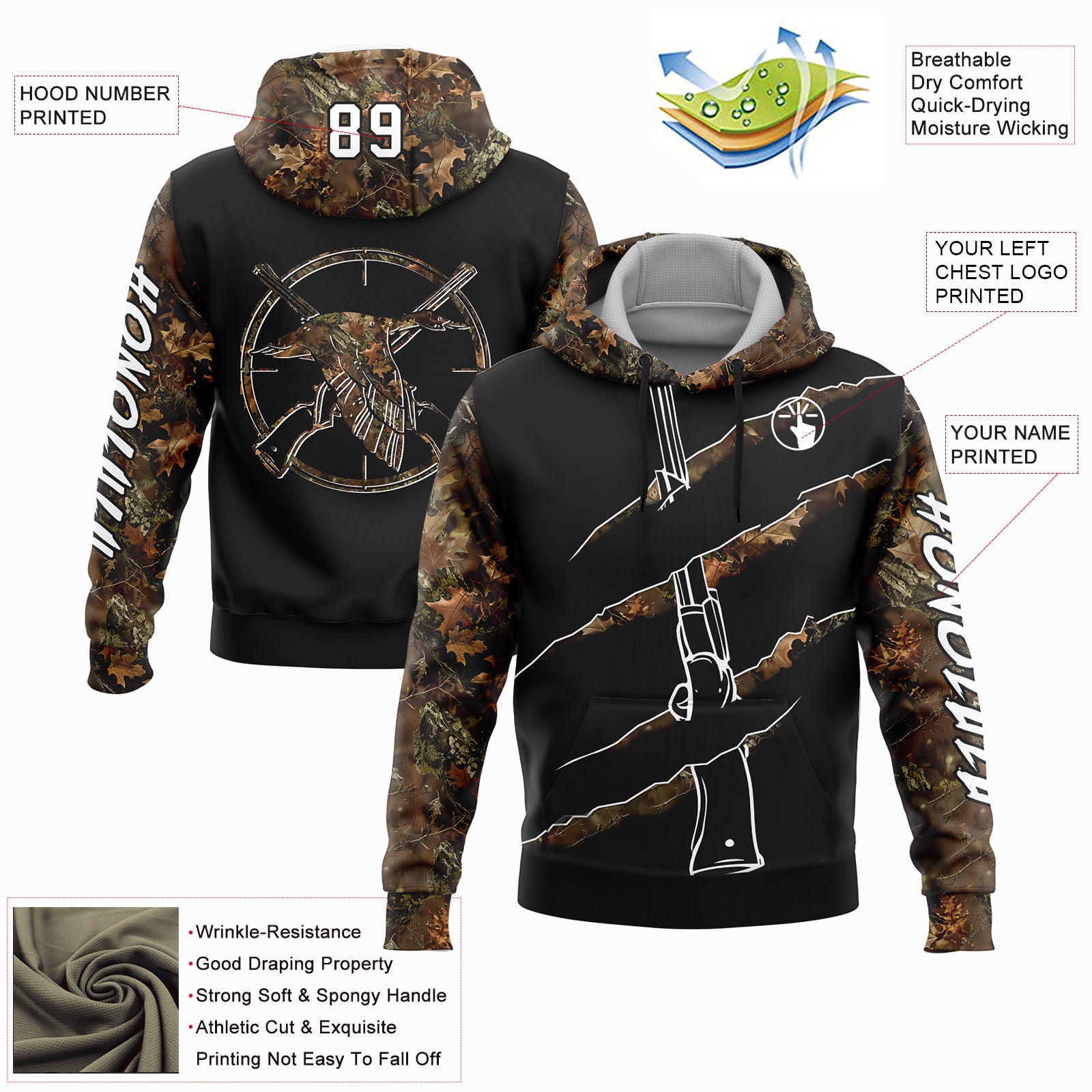 Custom Black White-Camo 3D Duck Gun Hunting Sports Pullover Sweatshirt Hoodie