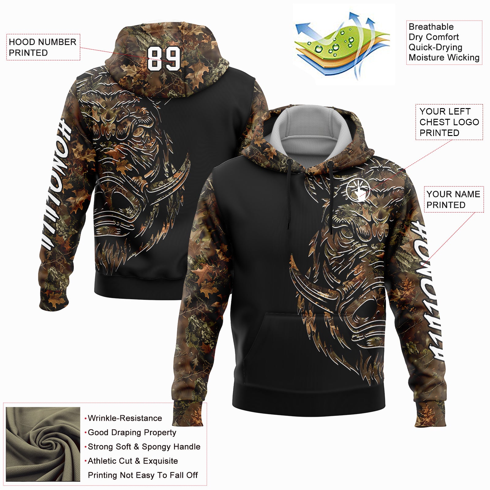 Custom Camo White-Black 3D Wild Boar Hunting Sports Pullover Sweatshirt Hoodie