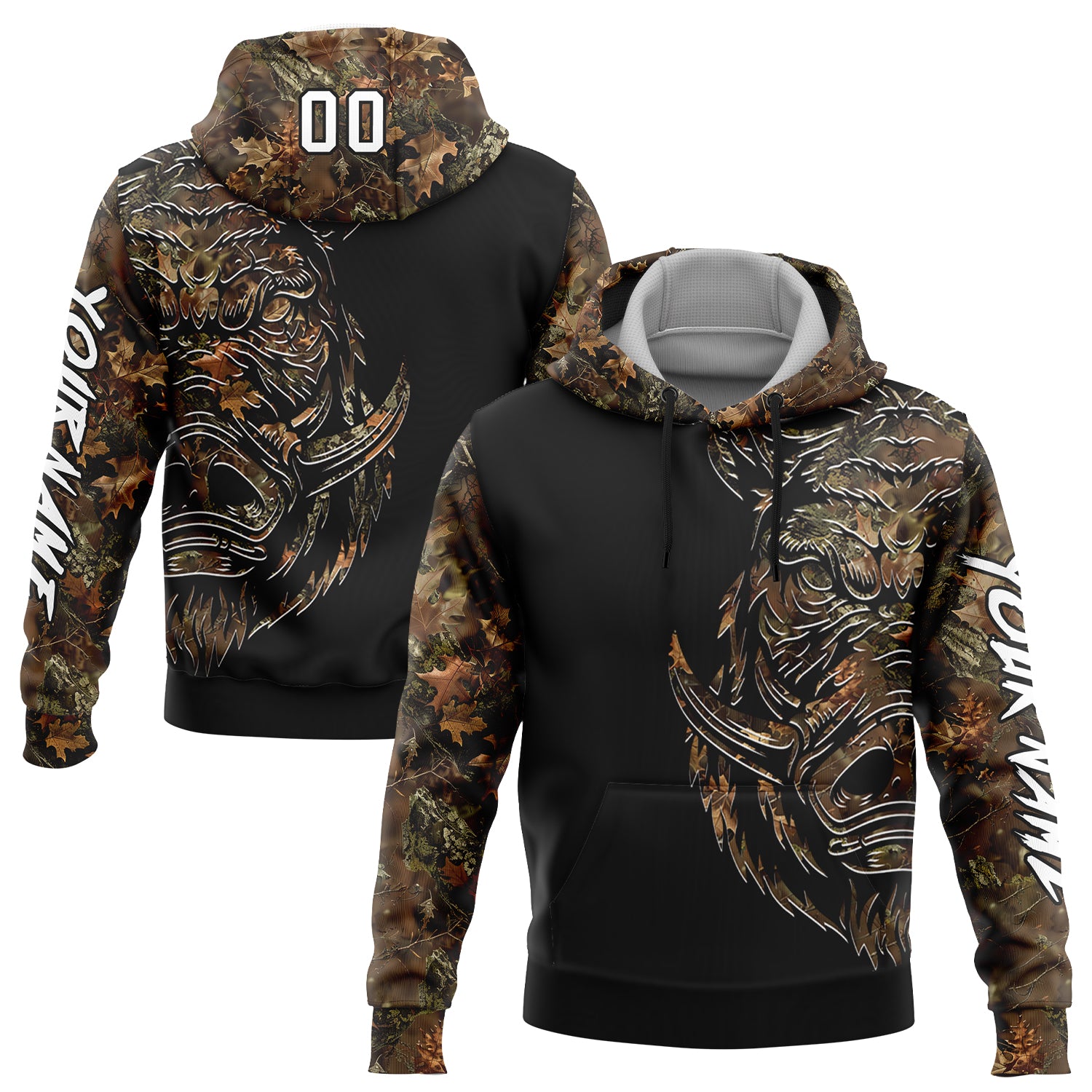 Custom Camo White-Black 3D Wild Boar Hunting Sports Pullover Sweatshirt Hoodie