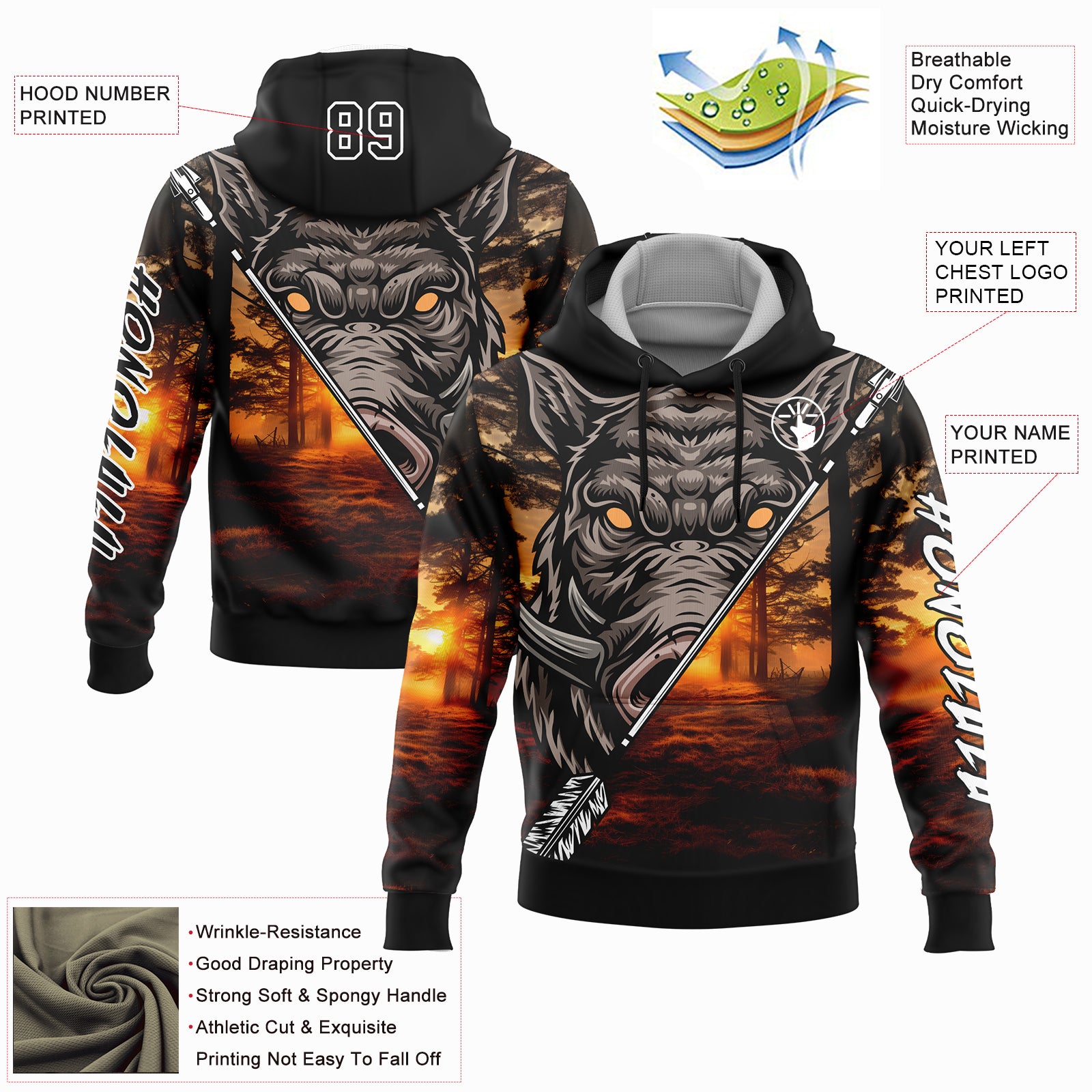 Custom Black White 3D Wild Boar Arrow Hunting Sports Pullover Sweatshirt Hoodie