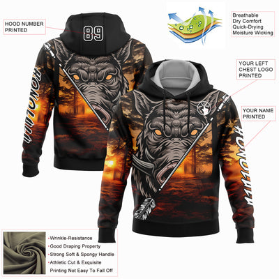 Custom Black White 3D Wild Boar Arrow Hunting Sports Pullover Sweatshirt Hoodie